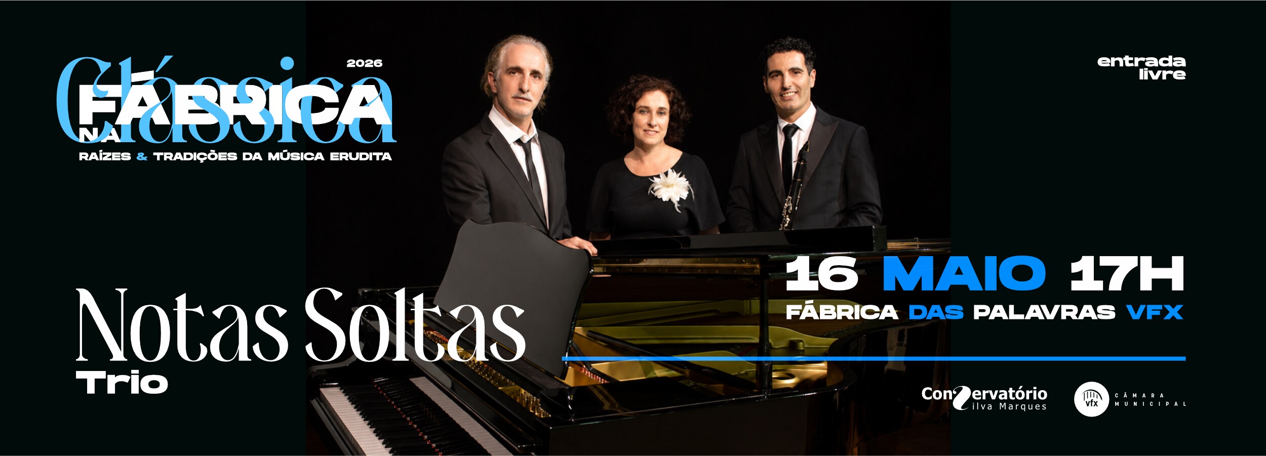 Cartaz: Notas Soltas Trio cruza voz, piano e clarinete ao vivo na Fábrica das Palavras